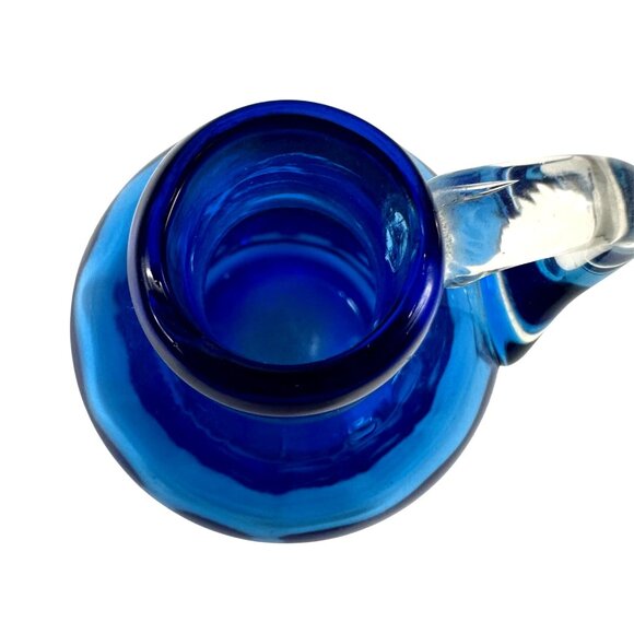 VTG Blue Handblown Glass Mini Jug Pitcher Vase 4 inches Applied Clear Handle - Picture 5 of 5